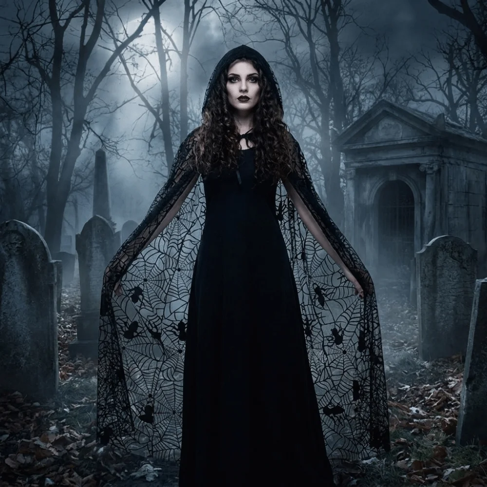 Gothic Style Lightweight Halloween Hooded Cape Semi-transparent Bat Spider Web Mesh Cardigan Black Creative Long Cloak Women