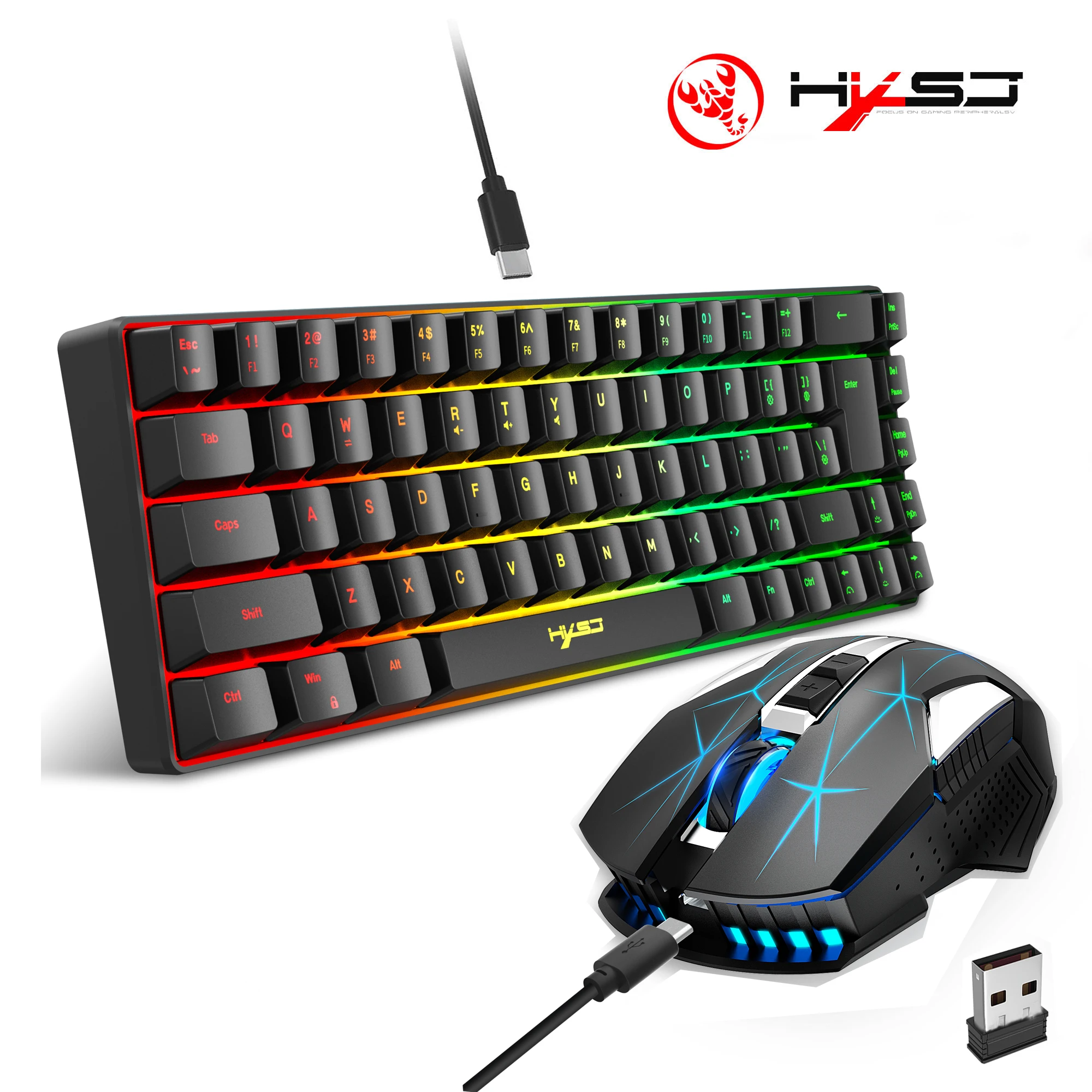 68-key gaming keyboard and mouse kit RGB backlit portable game wired membrane keyboards wireless mice mause for Home office