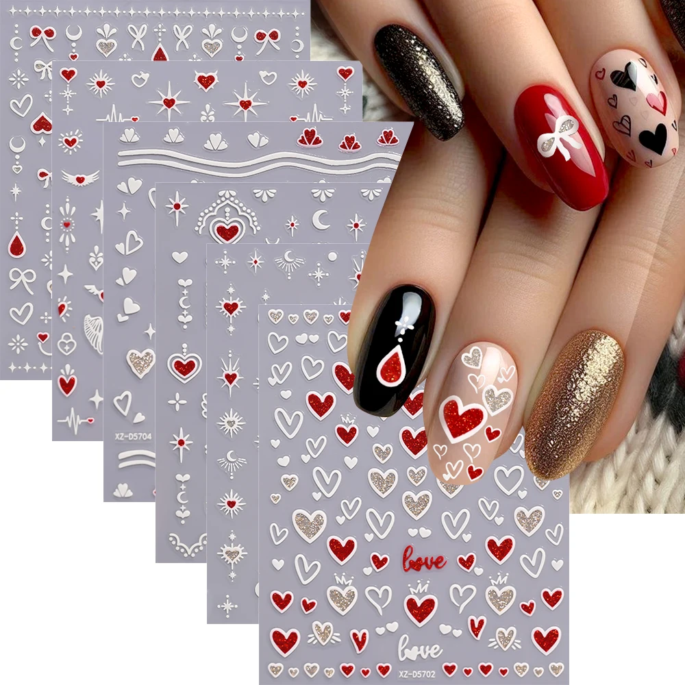 6 ชิ้น Sparkly Glitter สติกเกอร์เล็บหัวใจสีขาว Bowknot Star Moon Self - กาวสติ๊กเกอร์ Y2K Starlight Sliders ตกแต่งเล็บ