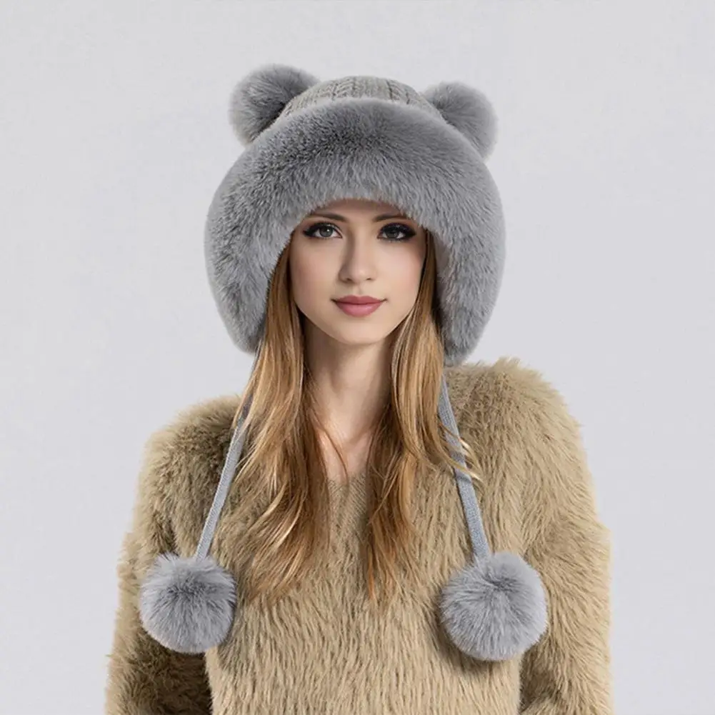 Ladies Winter Hat Solid Color Knit Hat Cozy Winter Ladies Hat with Fluffy Plush Heat Retention Ball Decor Ear for Outdoor