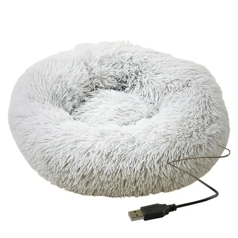 Round Dog Bed Soft Plush Pet Beds USB Heating Donut Round Beds for Dog Cat Comfortable House Pet Supplies Accessories