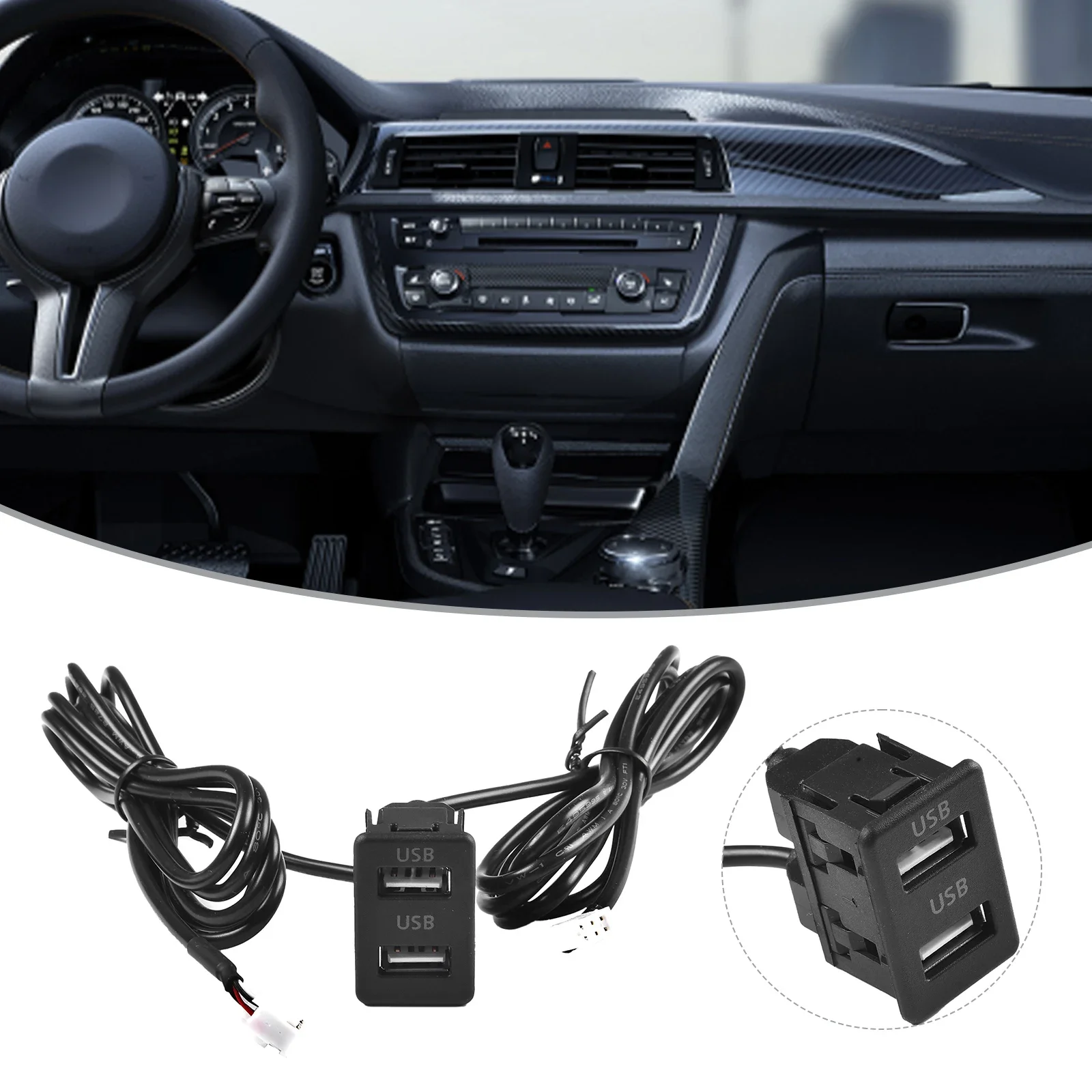 Auto Dashboard USB Socket Dash Mount Dual USB Port Panel Interface Extension Black ABS 145cm Cable Adapter 4pin+6pin 3.4*2.2cm
