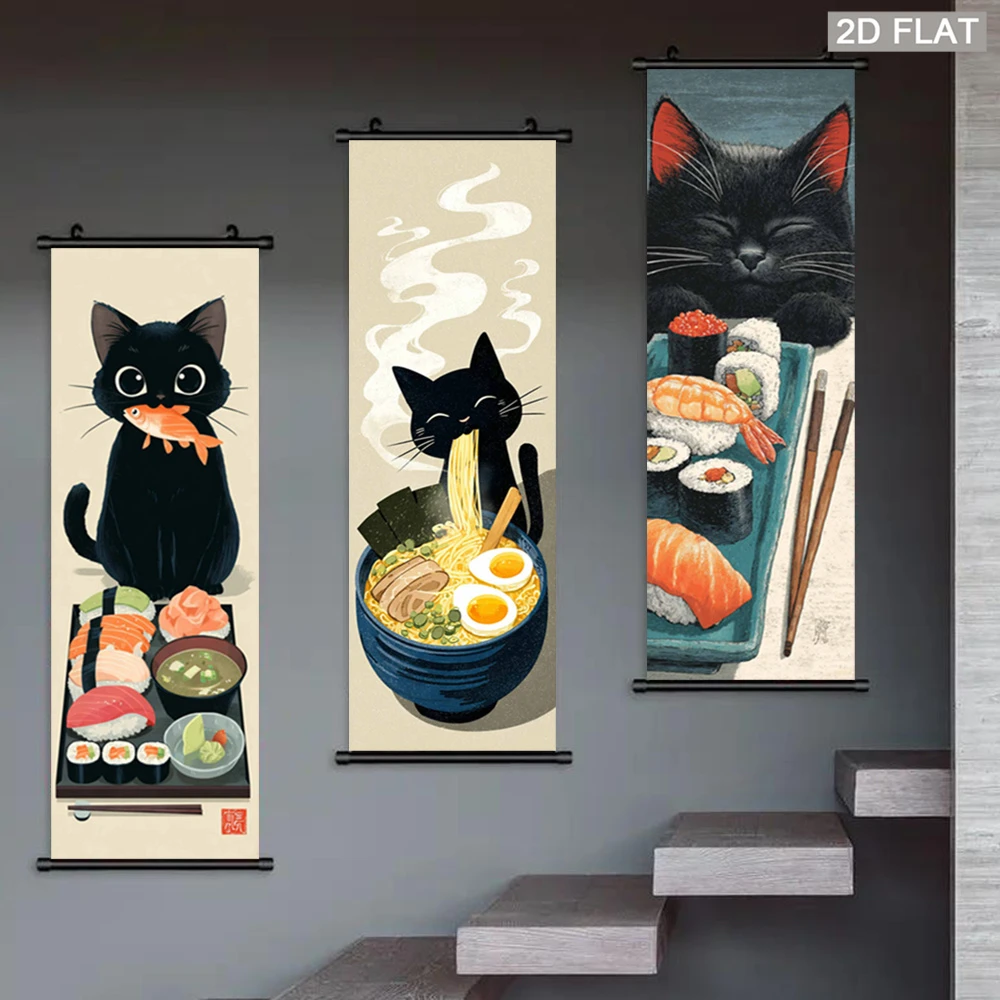 VIKAMA Vintage Cat Wall Scroll Tapestry, Cute Fluffy Black Cat Sushi Ramen Ukiyo-e, Art Poster, Home Wall Hanging Decor