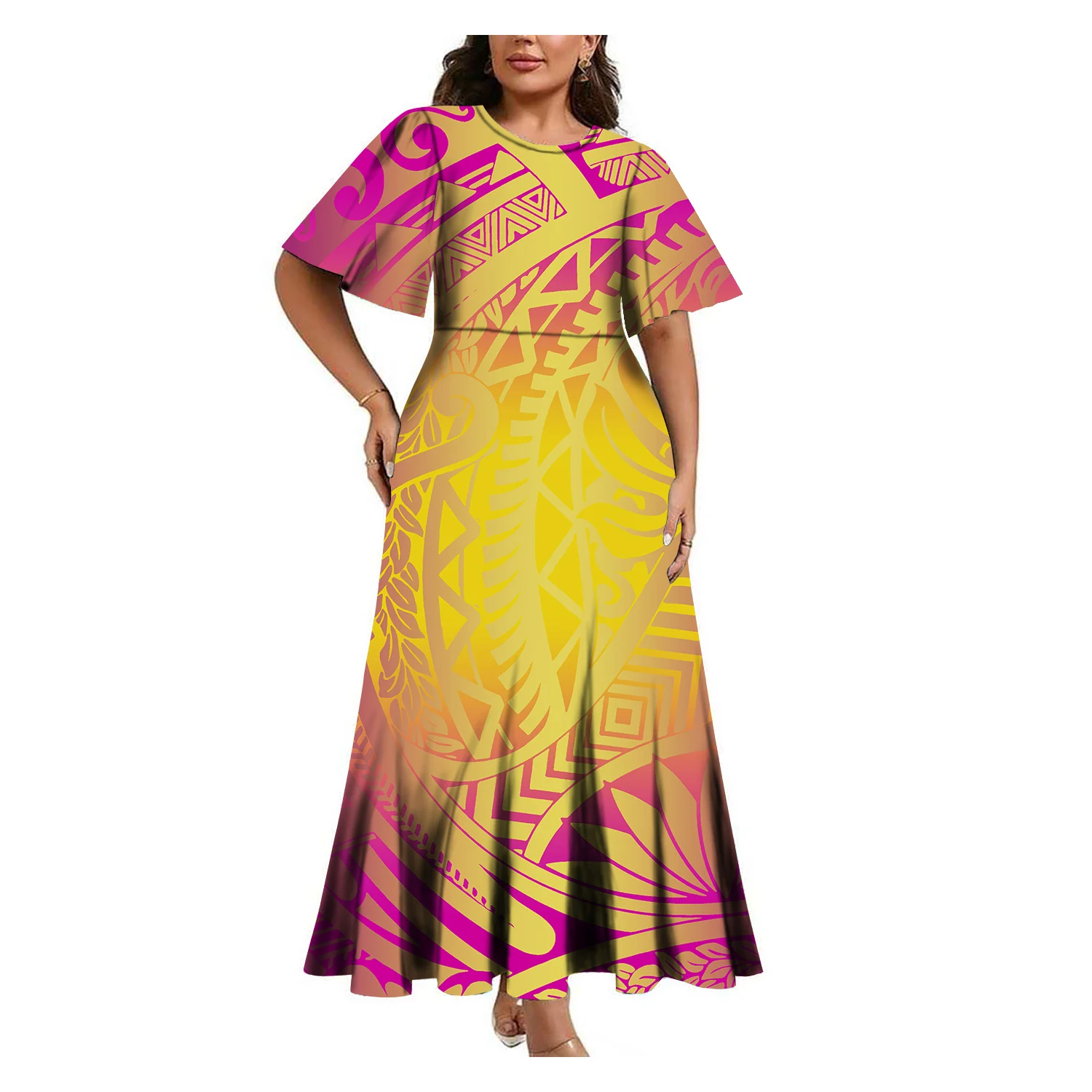 This High-Quality Polynesian Women'S Dress Is Made Of Soft Fabric And Features A Round Neck Medium Sleeves And A Loose Skirt
