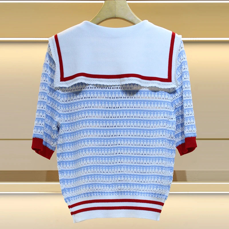 Stylish Hollow Striped Knit Cardigan Sweater For Women 2024 Summer Sailor Collar Short Sleeve Single-breasted Ladies Knitwear