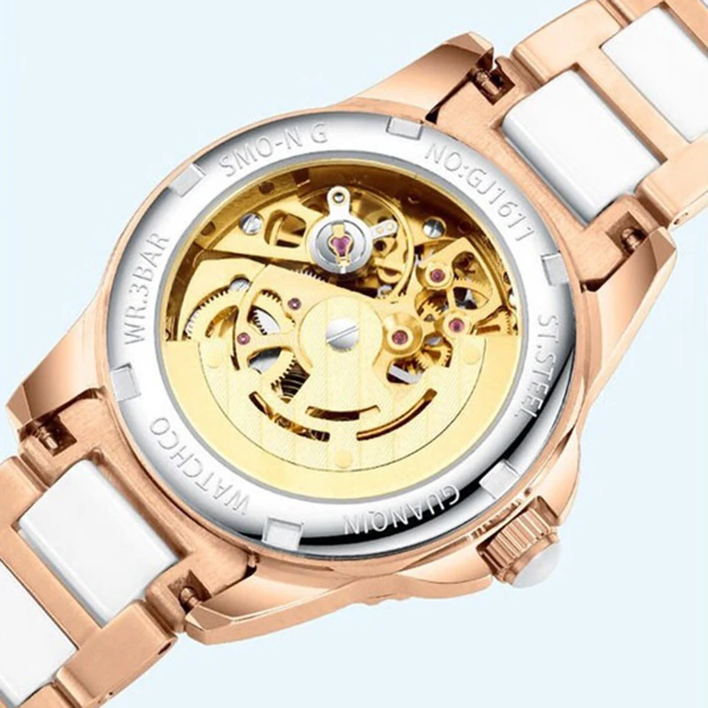 Guanqin relógio automático feminino luxo mecânico borboleta motivo esqueleto mostrador de aço lazer 50m à prova dwaterproof água relógios luminosos