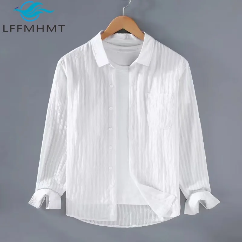 

2363 Lightweight Men Women Sun-protection Loose Casual Shirt Good Quality Striped Texture Long Sleeve Holiday Beach Tops Male