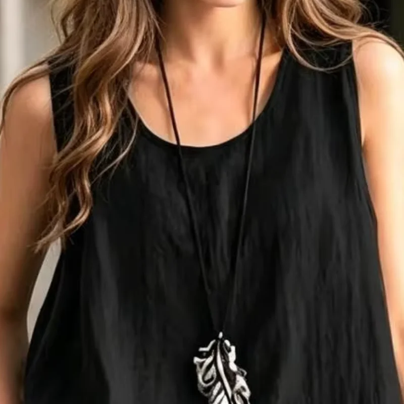 

Summer Tops Sleeveless Skin-friendly Front Slit Design T-Shirt Pure Color Loose Fit Camisole Vacation Office Date Wear