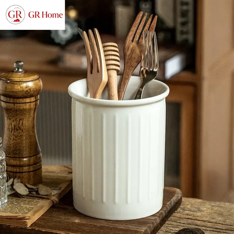 Large Ceramic Utensil Holder, White Embossed Chopstick Storage Jar