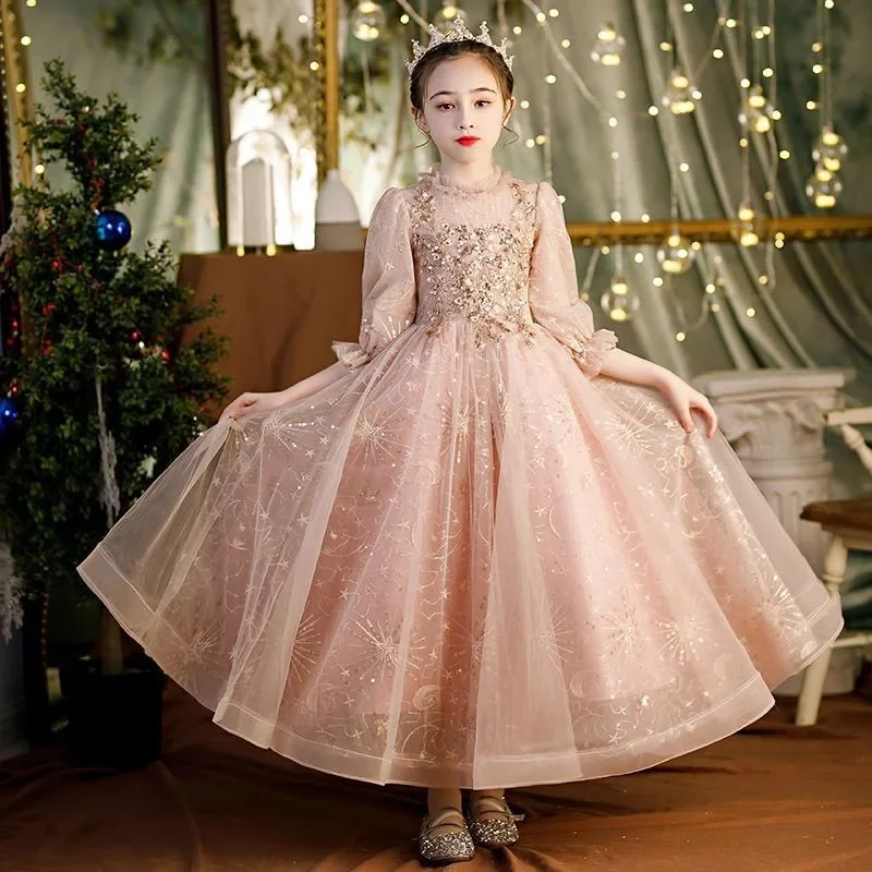 

Champagne Lace Sequin Flower Girl Dresses Long Ball Gown Girls Party Costume Puffy Princess Dress Bow First Communion Vestido