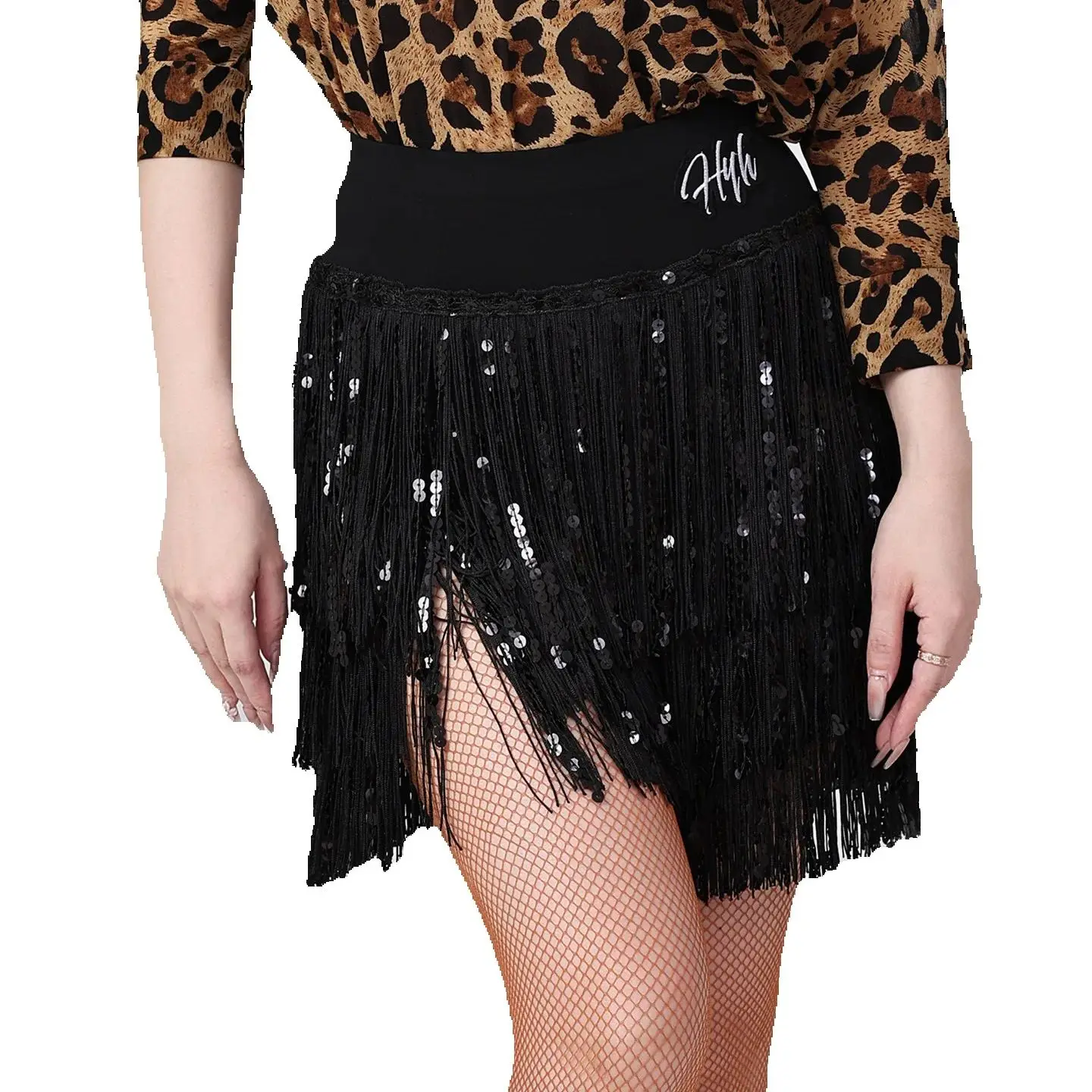 Damska spódnica do tańca latynoamerykańskiego Chacha Rumba z frędzlami, trzywarstwowa spódnica z frędzlami dla dorosłych, spódnice z cekinami do tańca Samba XS10035