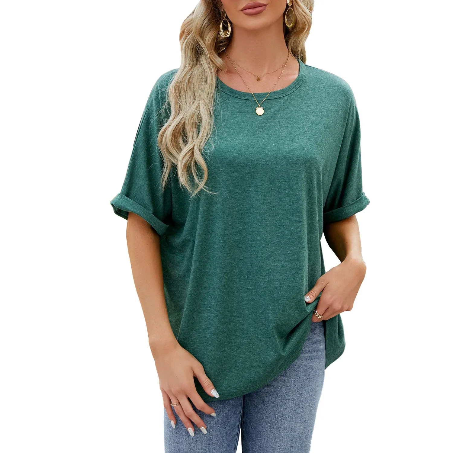 Europe and the United States spring and summer new solid color round neck loose short-sleeved T-shirt blouse woman