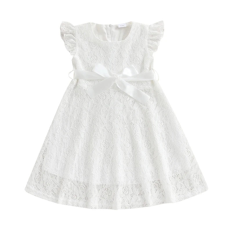3-10Y Kids Girls Lace Dress for Princess Party Fly Sleeve Round Neck Casual A-line Dress with Belt Toddler Summer Dress