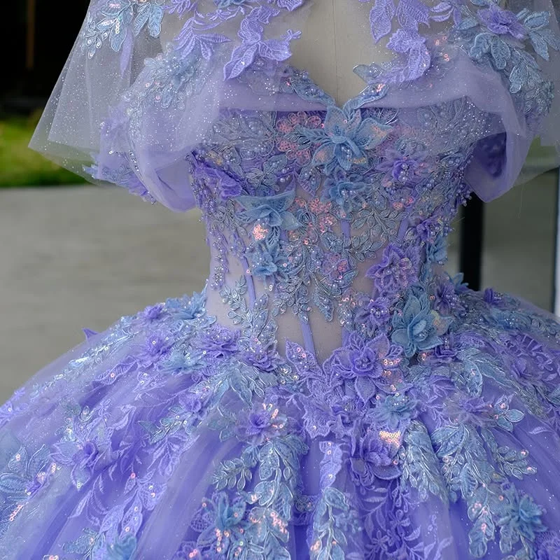 

Shiny Purple Quinceanera Dress Lace crystal off-shoulder sequins flower decal vestidos de 15 Quinceanera ﻿Customized