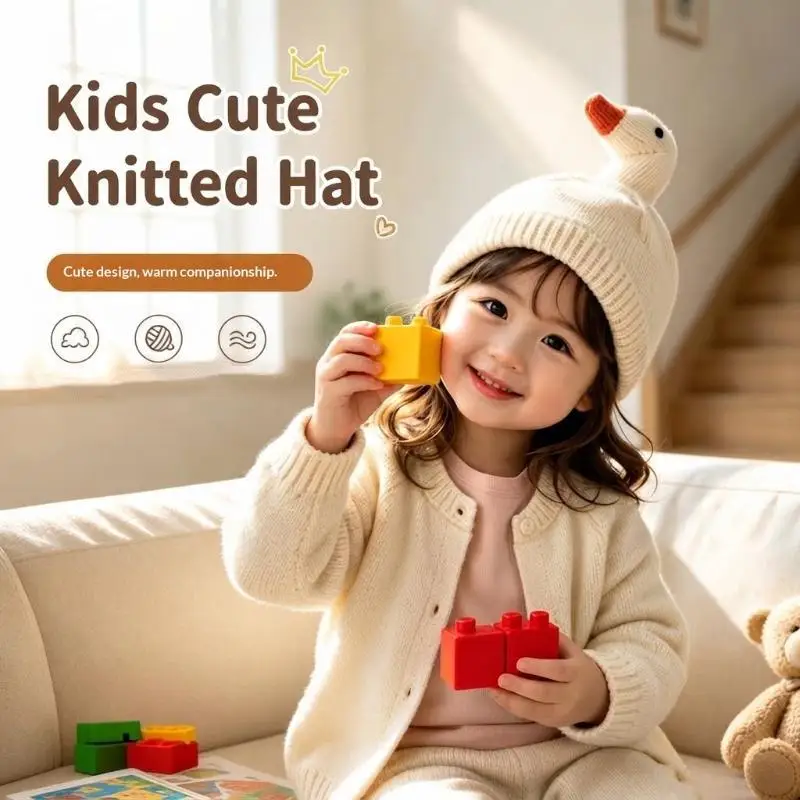 New Autumn Warm Kids Hat Cute Goose Beanie For 2-4Y Girls Boys Cartoon Animal Soft Children Hat