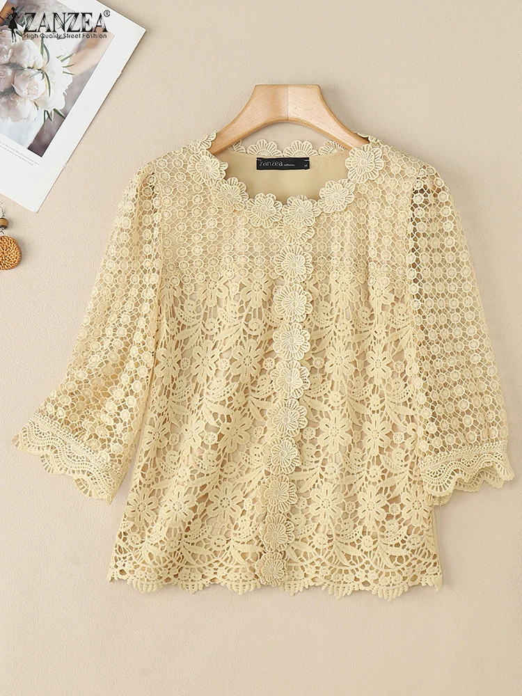 

2025 ZANZEA Autumn Lace Crochet Blouses Women Tops Elegant 3/4 Sleeve Embroidered Floral Blusas Stylish Hollow Out Holiday Shirt