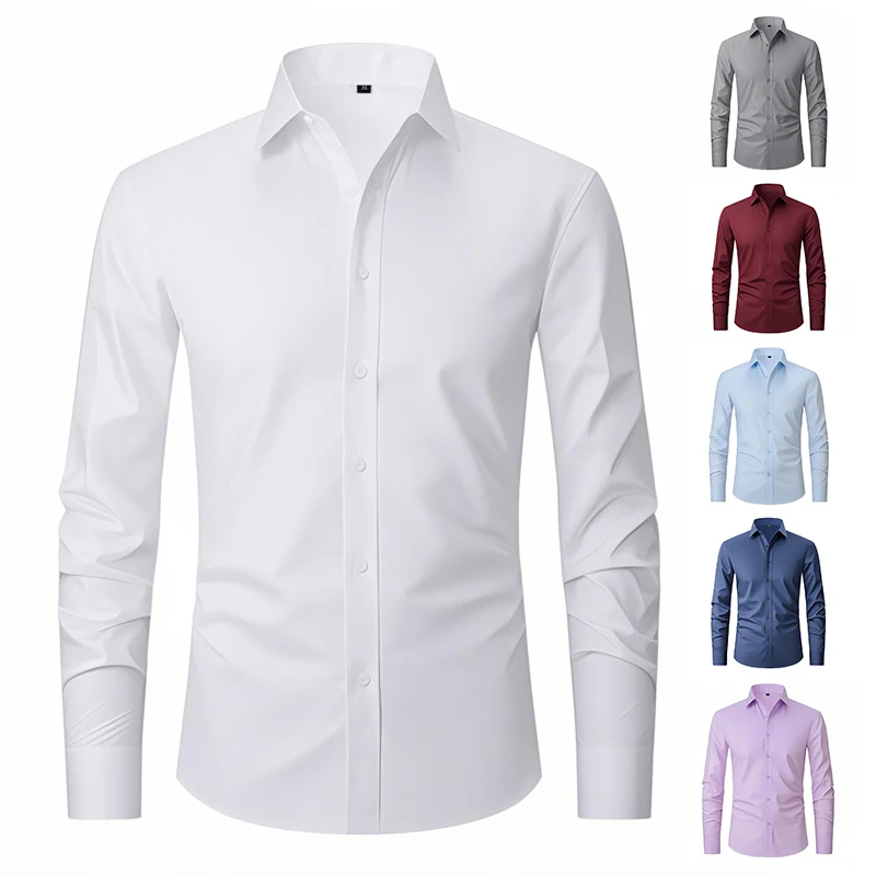 2025 New High Quality spring/  Autumn Social Men's Shirt Long Sleeve Fashion No Iron Business Casual Pure White-blue-EU SIZE