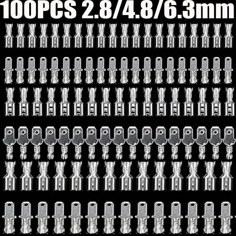 100Pcs Female Male Crimp Terminal  2.8/4.8mm/6.3mm Connector Gold Brass Car Speaker Electric Wire Connectors Crimping Terminals