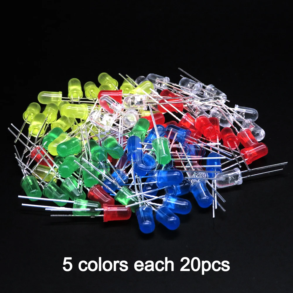 100PCS/LOT 5mm LED Diode F5 Assorted Kit IBUW White Green Red Blue Yellow Orange Pink Purple Warm White DIY Light Emitting Diode