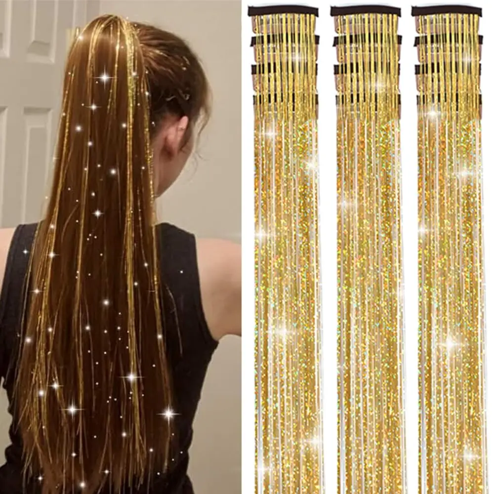12 pièces de mèches capillaires synthétiques brillantes en ruban métallique, à clipser, pour perruques, idéales pour les fêtes, attirant l'attention, délicates, cadeau