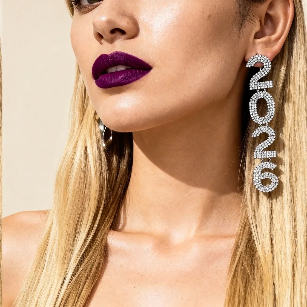 بدلة مجوهرات جمالية عتيقة 2026 مبالغ فيها من حجر الراين أقراط سنة جديدة سعيدة لامعة قطرة طويلة 2026 قلادة للحفلات #1