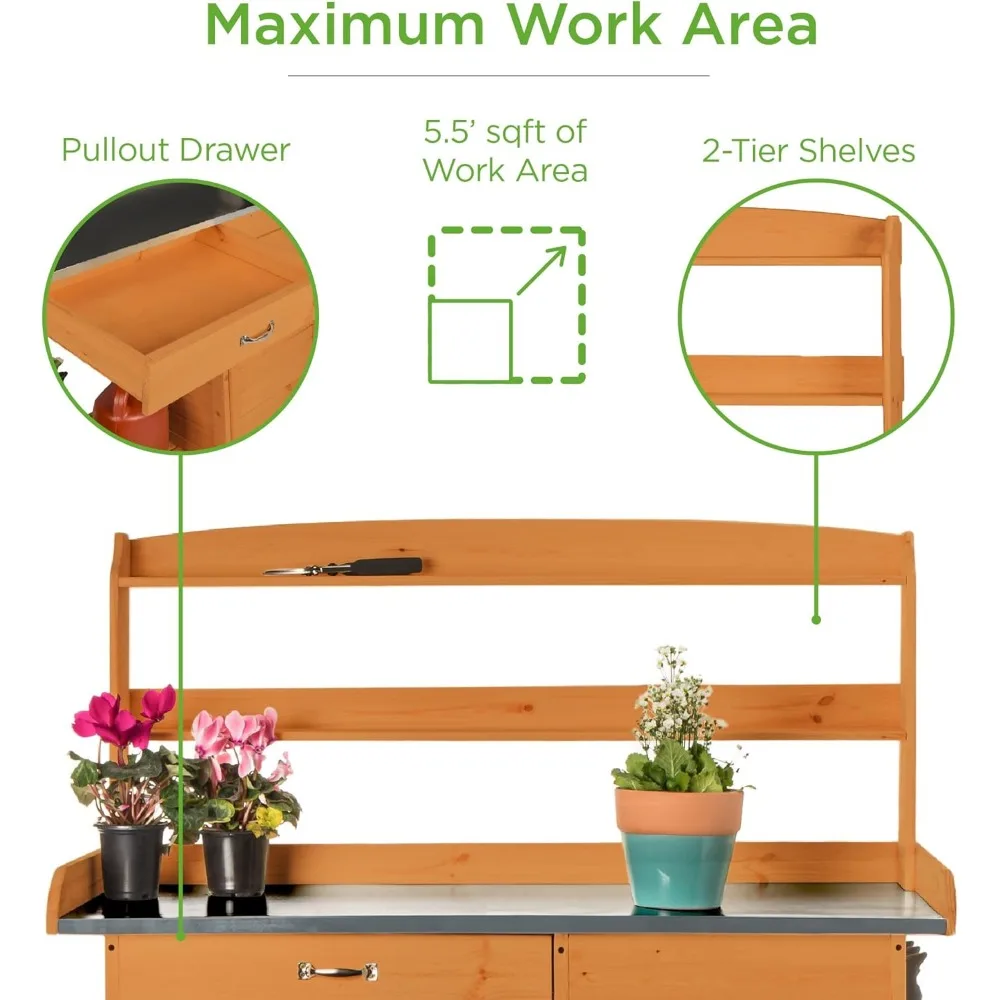 Outdoor Garden Wooden Potting Bench Work Station w/Metal Table Top, Pre-Stained Finish, Cabinet, Sliding Drawer, Large Bottom