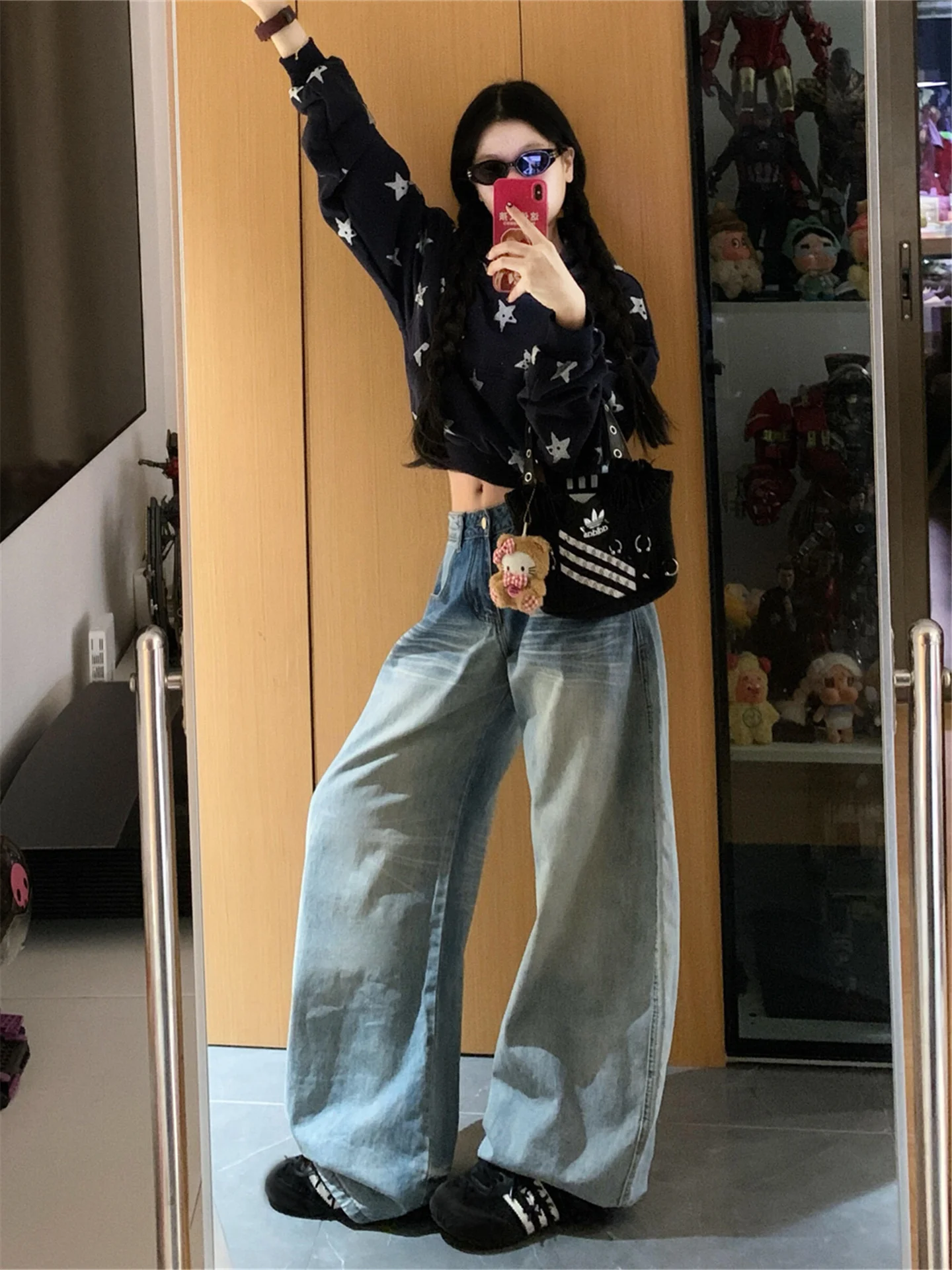 

Американские винтажные светло-голубые широкие джинсы для женщин, весна-осень, свободные, струящиеся, с дизайнерским акцентом, брюки-кюлоты