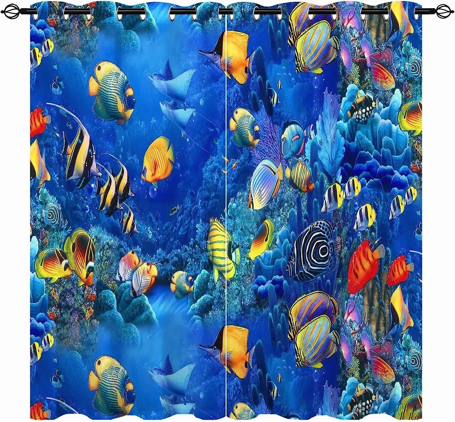 3D Tropical Fish Coral Underwater Shipwreck Window Curtain, Thin Shading, Living Room, Bedroom Decor, Rod Pocket, 2 Pieces