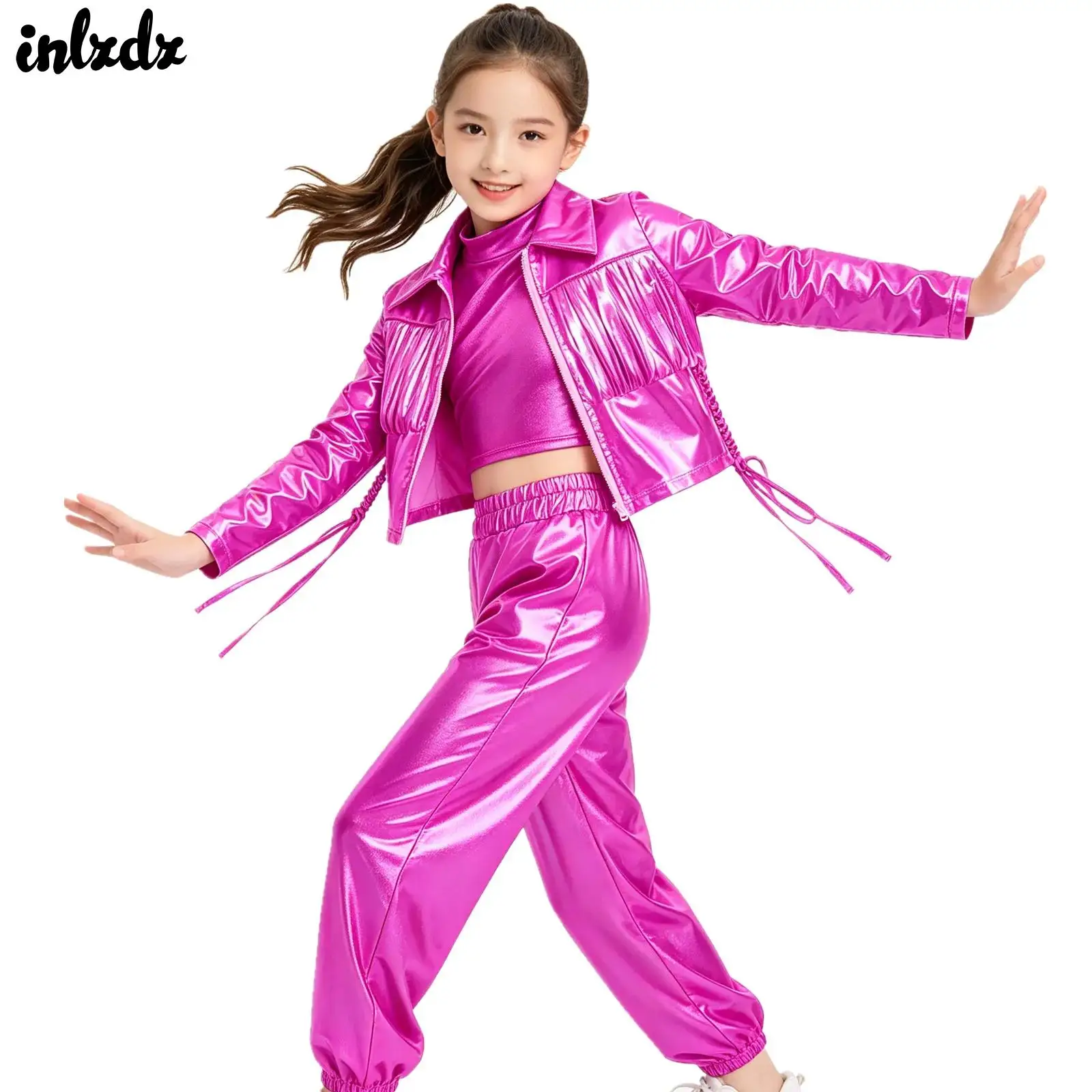 

Kids Girls Metallic Hip Hop Jazz Dance Performance Outfit Vest with Turn-down Collar Long Sleeve Tassels Zipper Jacket And Pants