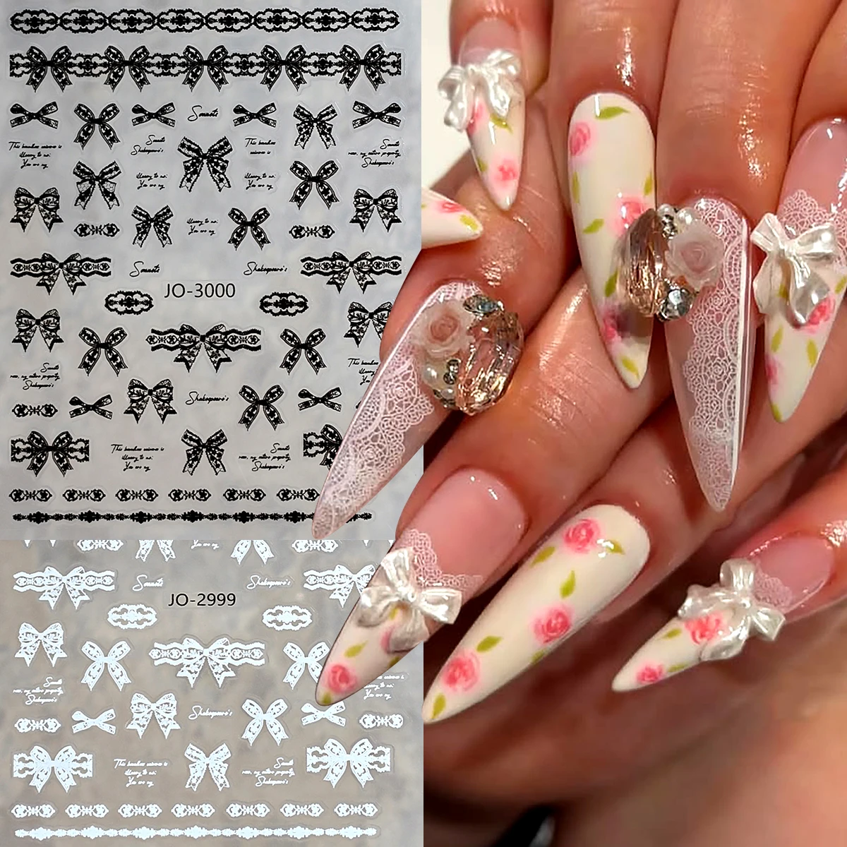 White Lace Bow Nail Stickers Transparent Nail Decals, Vintage Romantic Wedding Nail Art Supplies with Heart & Floral Patterns