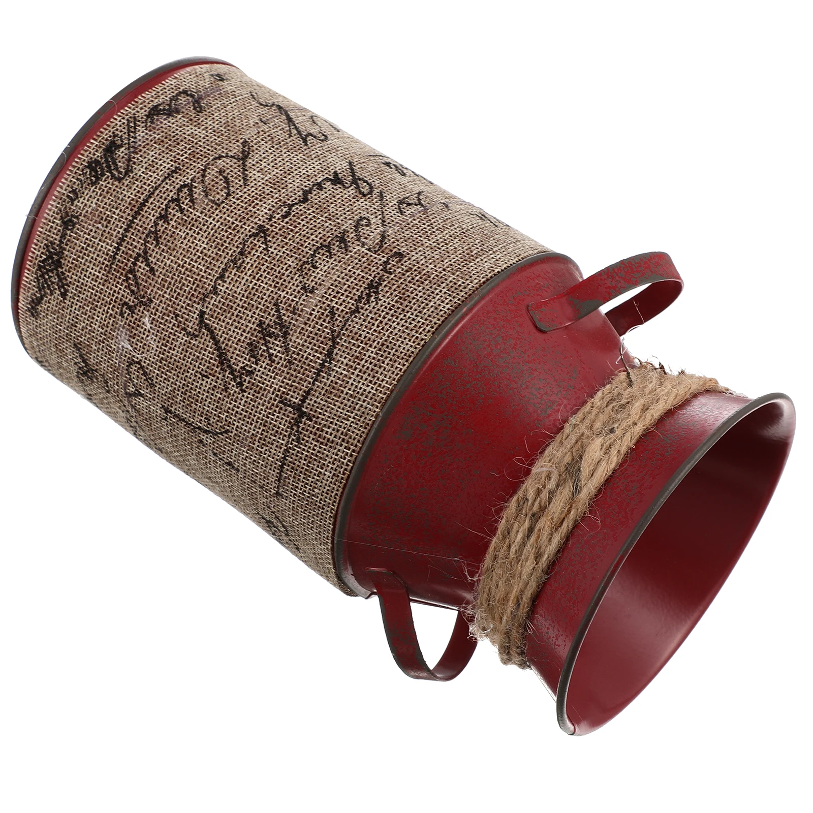 

Rustic Iron Flower Bucket Container Jute Cloth Design Red Color Durable Retro Tin Plant Pot Storage Garden Daily Objects