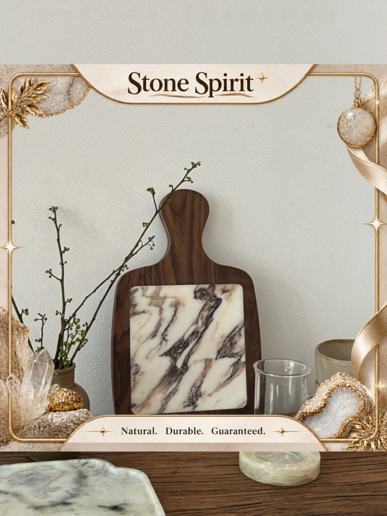 【Natural】32×20cm Wooden Handle with Luxury Calacatta Viola Natural Marble Stone Storage Tray for Bread Jewelry Fruits Sundries