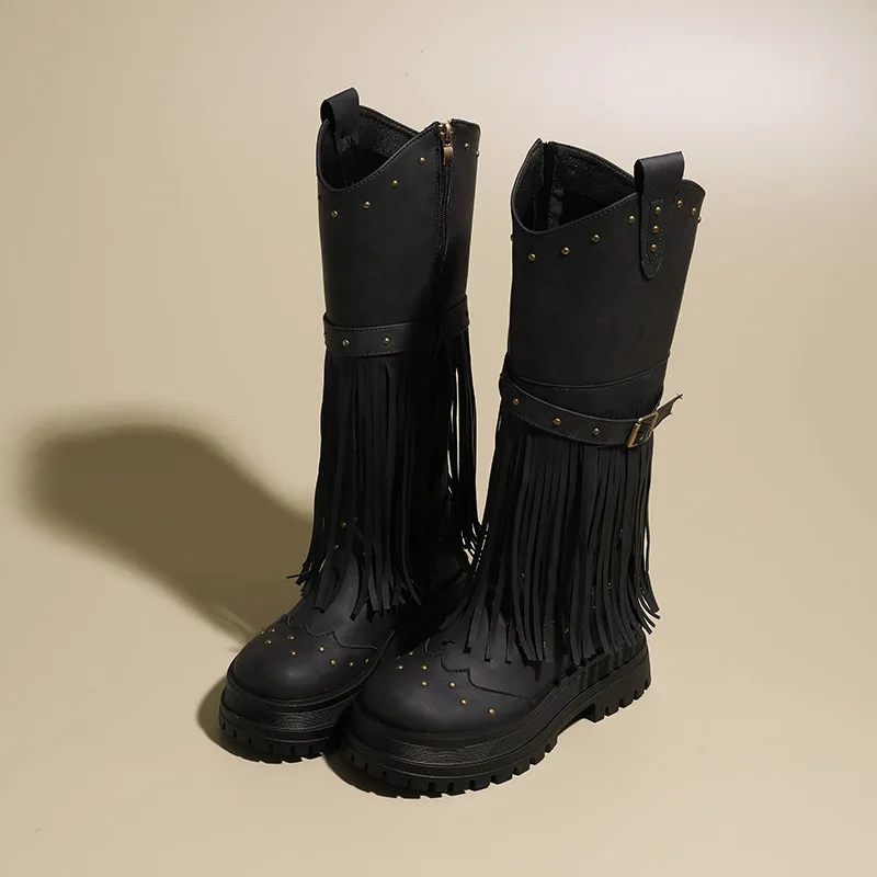 Free Shipping Women Rivet Fringe Cowboy Boots Buckle Strap Platform Sole Trendy Knee High Footwear, Customer Favorite