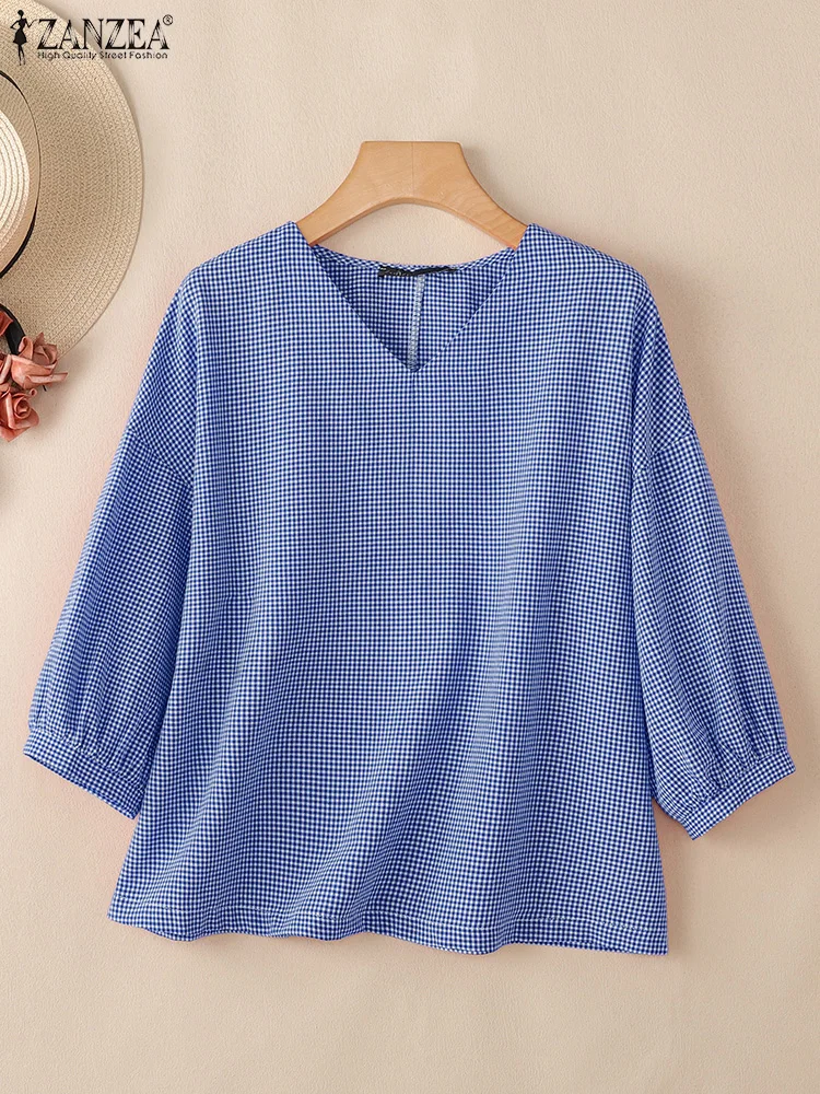 

ZANZEA 2022, женские элегантные блузки с v-образным вырезом и длинными рукавами, осенние рубашки в клетку, топы, модные рабочие блузки, женская блузка в стиле ретро, оверсайз