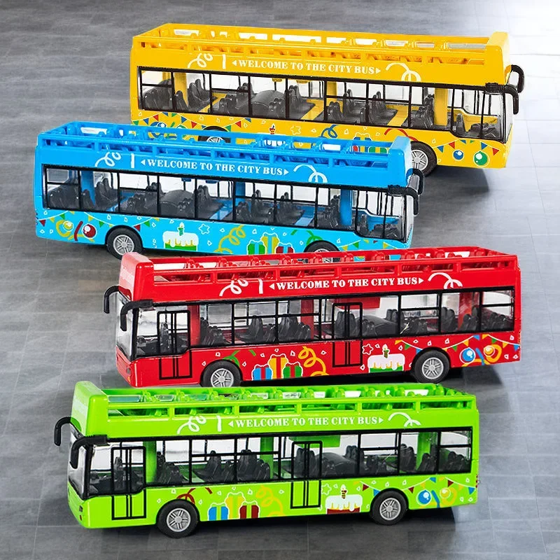 Children's 1:64 Alloy Car Model Buss Toy Car Open Top Buss Model Pull-Back Bus Inertia Cars City Tour Bus ABS Cars Model Toys