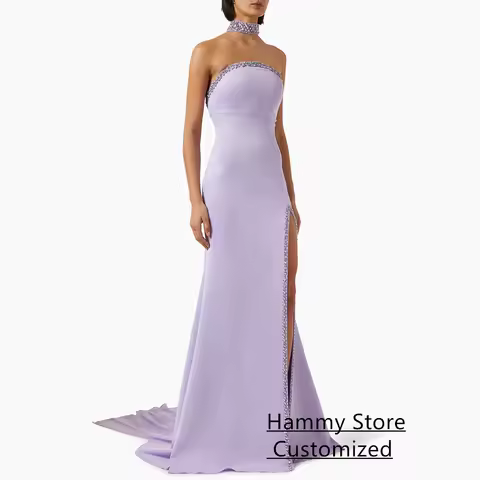 Lilac Mermaid Evening Dress Customized Halter Cape Sleeveless High Split Crystals Saudi Arabia Prom Gown Party Dresses