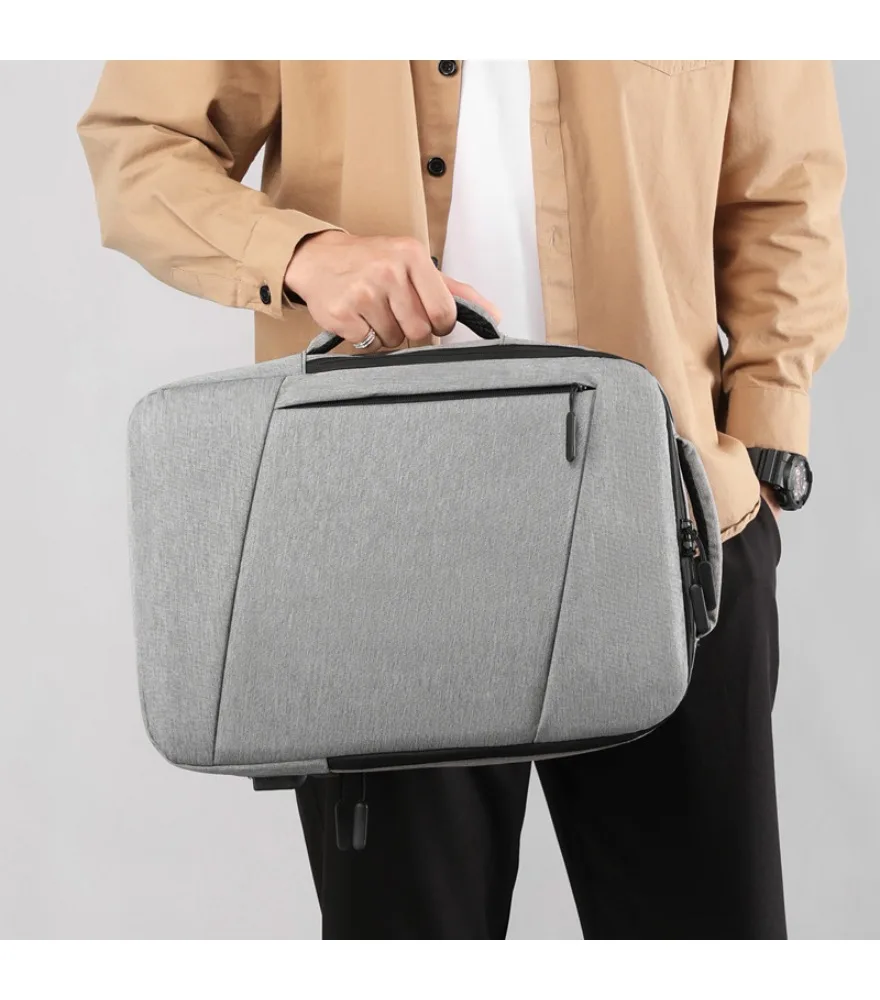 Light gray geometric double oblique cut backpack hidden side vertical zipper built in USB anti wear fabric for formal work daily