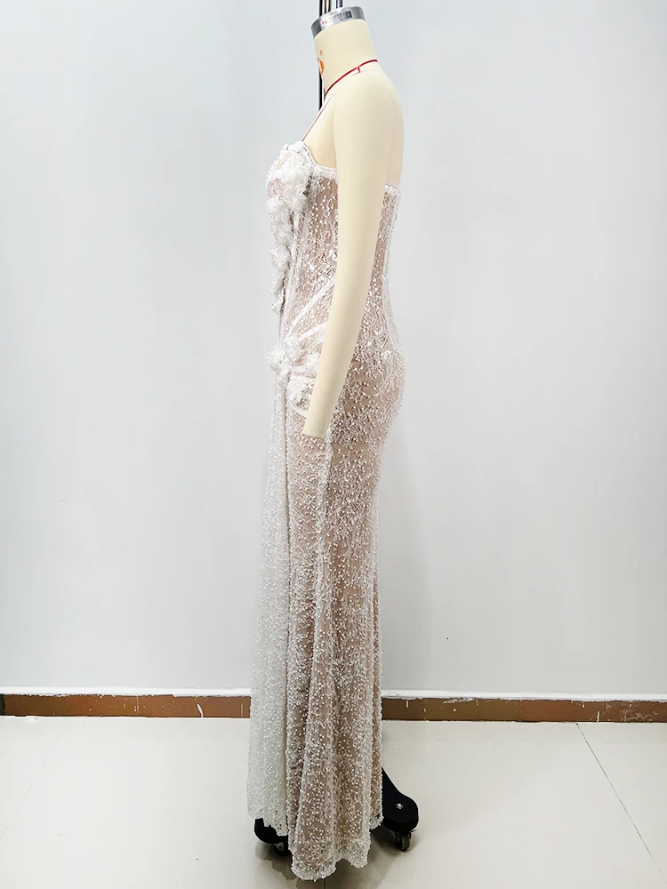 Luxury White Lace Evening Dresses for Women 2025 Sexy Flowers Corset Bustier Gown Floral Sheer Wedding Dress with Long Sleeve