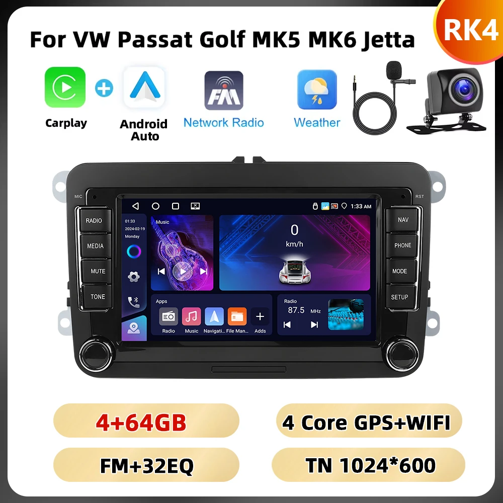 Podofo 7 '8 + 128G Autoradio Voor Vw/Passat/Touran/Golf/Polo Multimediaspeler 8Core Carplay Android Auto Gps Navigatie Wifi 4G