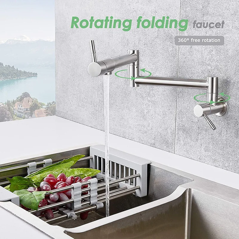 Pot Filler Tap Single Lever Rotate Folding Spout Bathroom Kitchen Faucet Wall Mount Cold Water Sink  Black/Brushed