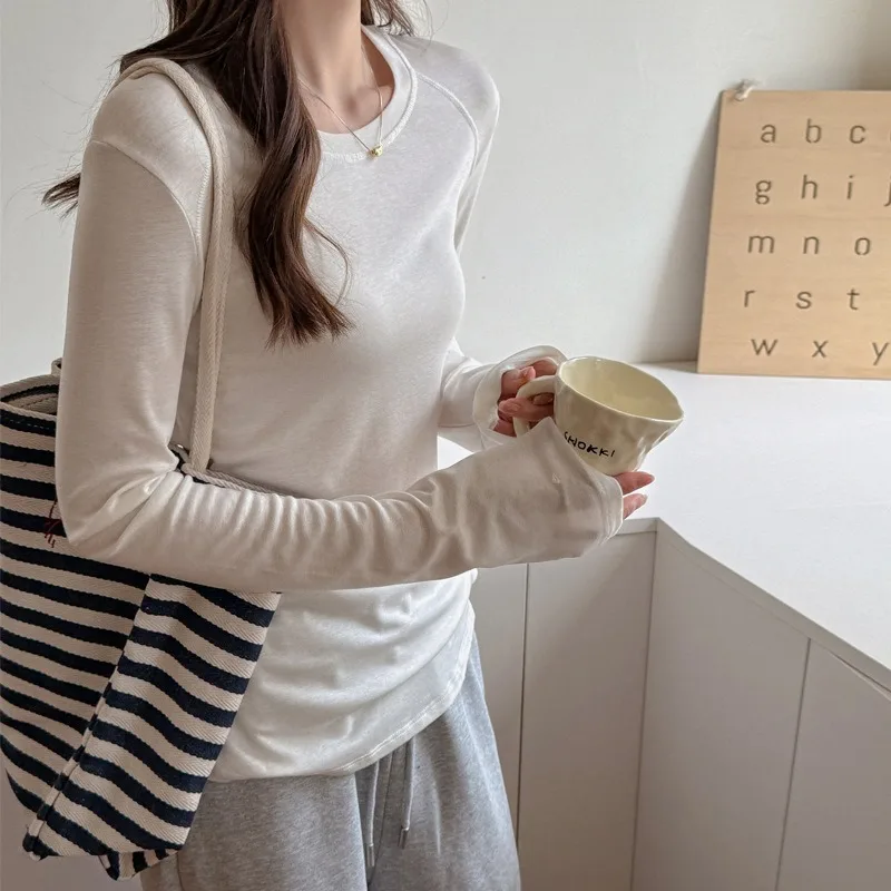 

Wool Lazy Wind Crew Neck Shoulder Long Sleeve T-Shirt Women's Autumn and Winter Bottom Shirt Can Be Worn Outside