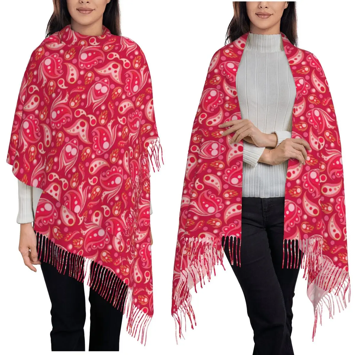 

Пурпурно-розовый модный шарф 70-х годов с узором пейсли, шарфы с кисточками, женские мягкие теплые шали и накидки, большая осенне-зимняя шаль