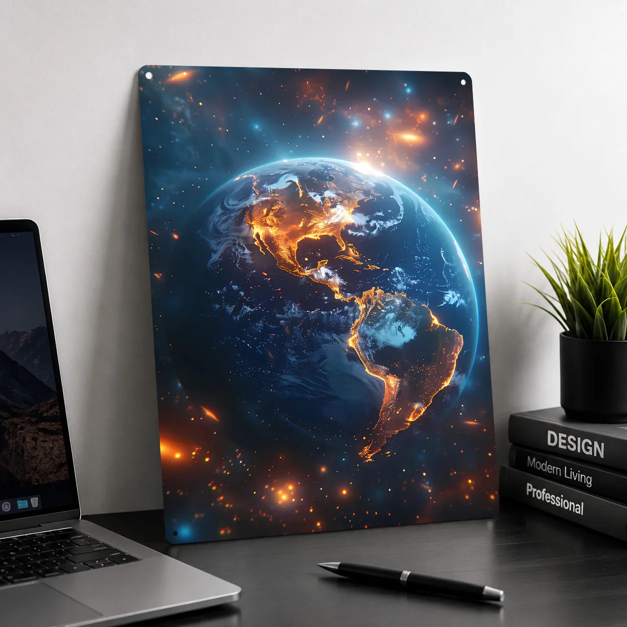 Earth From Space Glowing Globe Citylights Galaxy Metal Poster Perfect Gift for Fans Lovers Personalized Wall Art Metal Sign for
