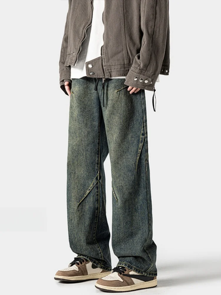 

Retro American Sle Men's Jeans Spring Autumn Loose Straight Leg Wide Leg Pants Pleated Design Trendy Street Sle Pants