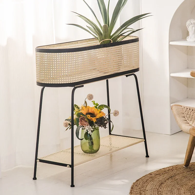 

Rattan Plant Stand Living Room Floor Basket Iron Flower Pot Holder for Balcony or Bamboo Plant Display Indoor Plant Shelf