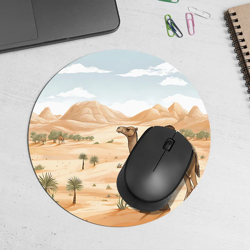 Desert camel printed round mousepad is made of anti-slip rubber is durable is suitable for gamers