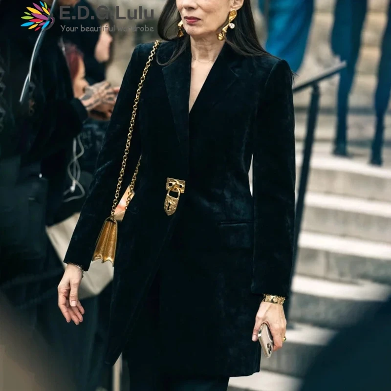 EDGLuLu ターンダウン襟メタルボタンブラックコート女性オフィスレディ長袖黒スリムフィットブレザーコート 1111