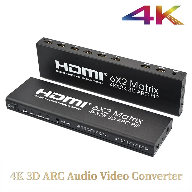 6X2 HDMI 매트릭스 4K@30hz 1080p@60Hz 트루 매트릭스 HDMI 스위치 박스 분배기 6입력 2출력 4K 3D ARC 오디오 비디오 컨버터 듀얼 디스플레이