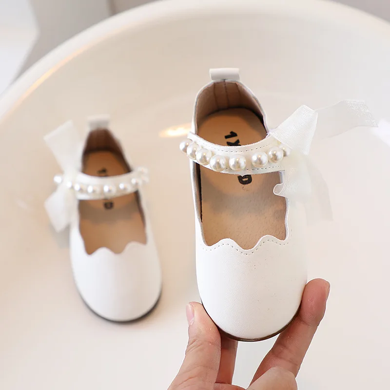 New Girls Single Princess Shoes Pearl Shallow Children's Flat Kids Baby Bowknot Shoes 2023 Spring Autumn Wedding Party Gift