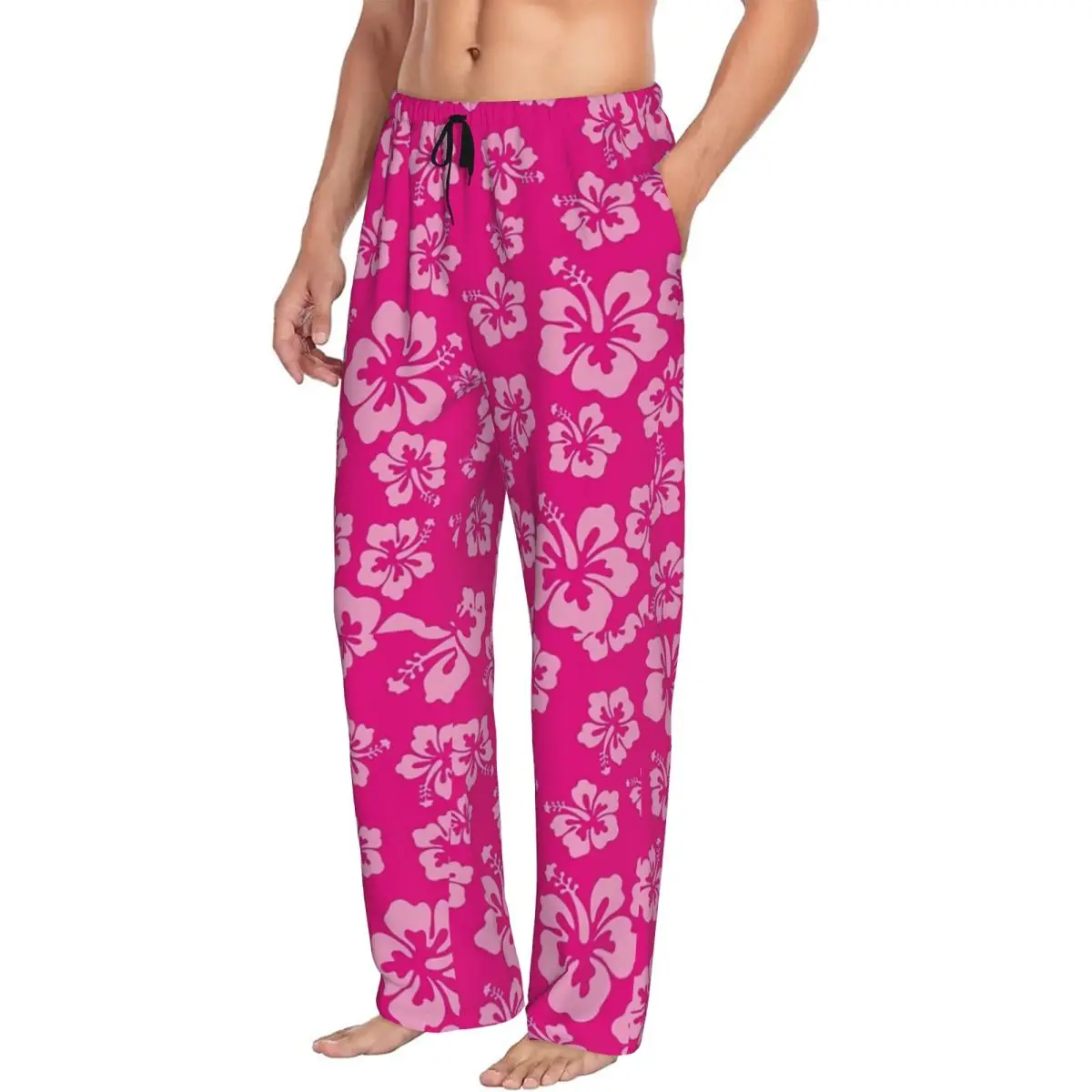 Tropical Hot Pink Hibiscus Flower Floral Pattern Hawaiian Print Men Pajama Pants Lounge Sleep Sleepwear Bottoms with Pockets